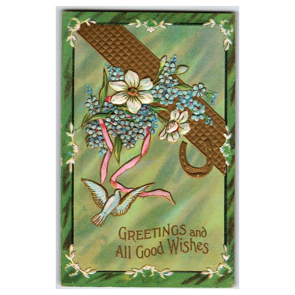 Embossed Dove Forget-Me-Nots Greetings Postcard Horseshoe US 1c Stamp 1907